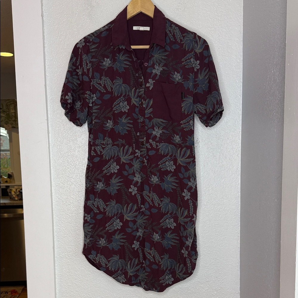 Vans Burgundy Floral Button-Up Shirt Mini Dress Rayon Short Sleeve Small Skater